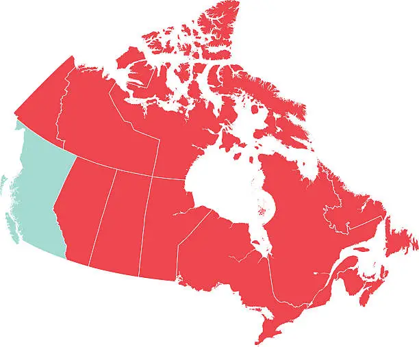 Vector illustration of Red Map of Canada with British Columbia Isolated in Blue