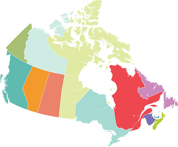 ilustrações, clipart, desenhos animados e ícones de mapa do canadá com cada província de cores diferentes - map usa canada cartography