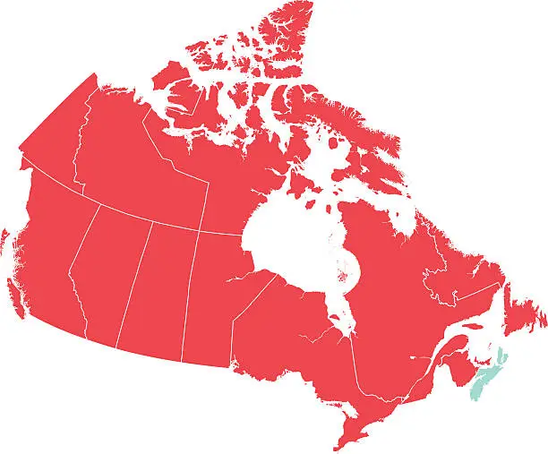 Vector illustration of Red Map of Canada with Nova Scotia Isolated in Blue