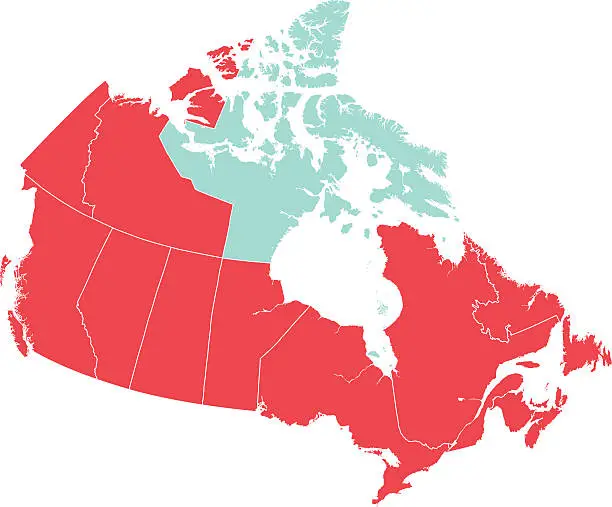 Vector illustration of Red Map of Canada with Nunavut Isolated in Blue