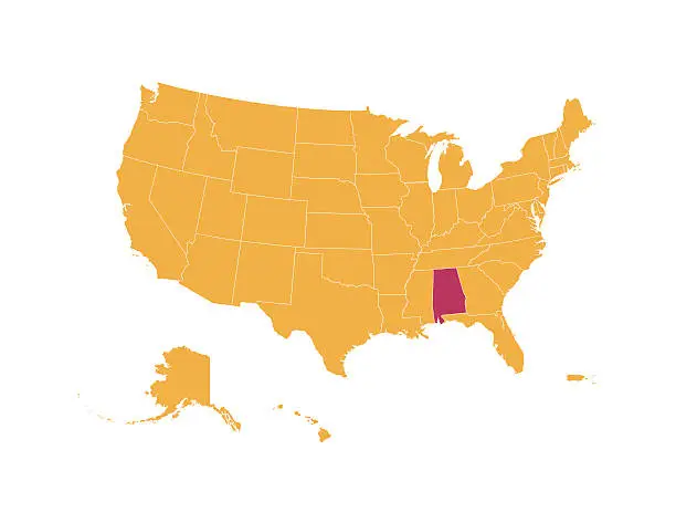 Vector illustration of Yellow Map of U.S.A with Alabama State Isolated in Red