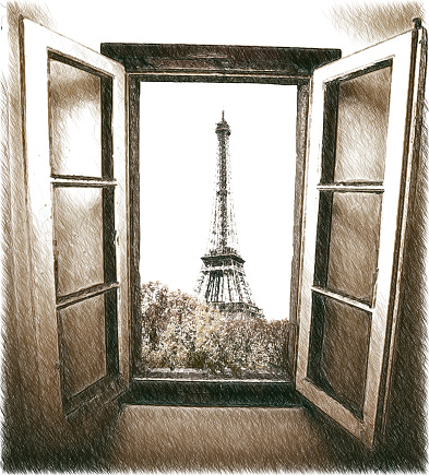 vintage retro style. Window to Paris. Architecture of Paris .France. Europe