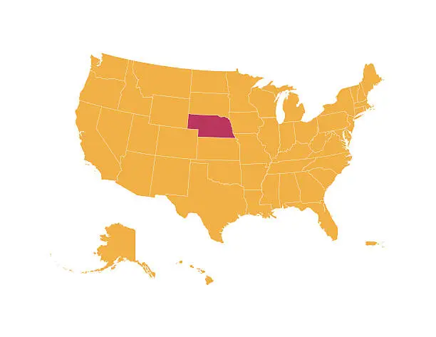 Vector illustration of Yellow Map of U.S.A with Nebraska State Isolated in Red