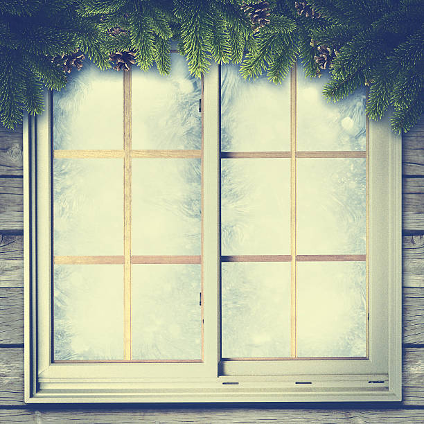 istock Abstract winter backgrounds with vintage window and pine tree 469302814