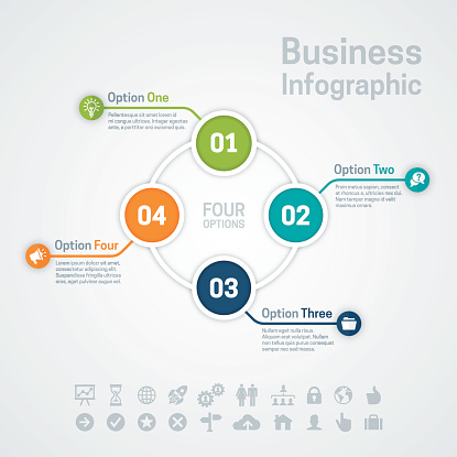 Business infographic circle options or diagram with four options, space for your text and extra icons and symbols. EPS 10 file. Transparency effects used on highlight elements.