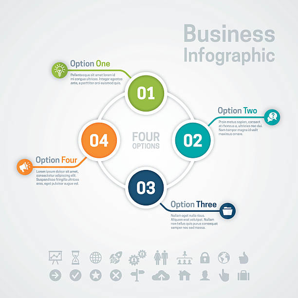 Four Option Business Infographic Chart Business infographic circle options or diagram with four options, space for your text and extra icons and symbols. EPS 10 file. Transparency effects used on highlight elements. one animal stock illustrations
