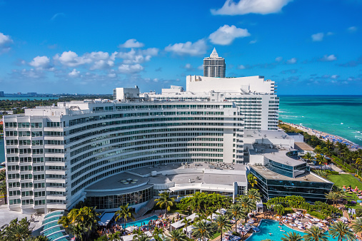 Miami, FL, USA - Mar. 14, 2015:  Scenic view of the luxurious and historic Fontainebleau Resort.  This oceanfront resort in South Beach made it's debut in 1954 and continues to attract the rich and famous.