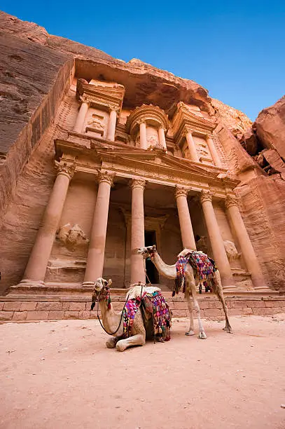 The treasury or Al Khazna, it is the most magnificant and famous facade in Petra Jordan, it is 40 meters high, 2014 in Jordan