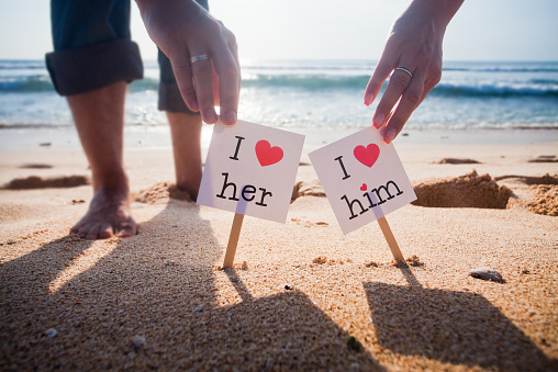 Declaration love concept at the beach with blue sea background