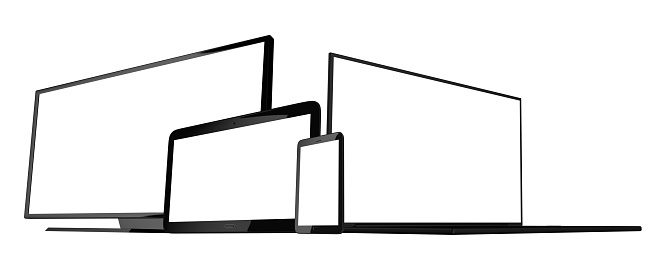 3d rendering of a laptop with a smartphone tablet and monitor  on white background