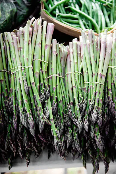 Bundles of fresh green asparagus on display at a farmers market.