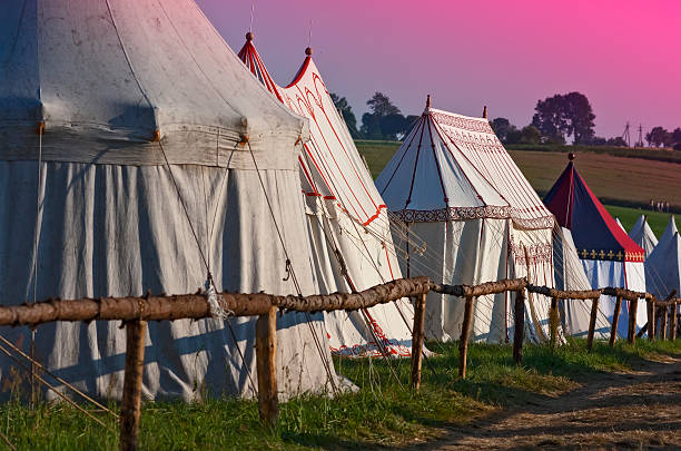 Sunrise over military medieval warriors encampment from battle of Grunwald, Poland