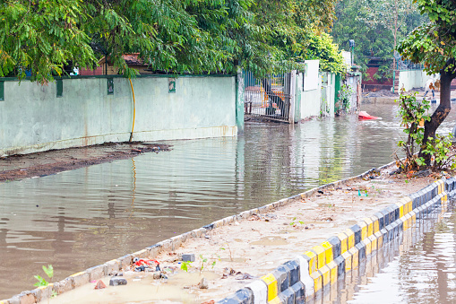 Streets are flooded after heavy rain in Delhi, India.