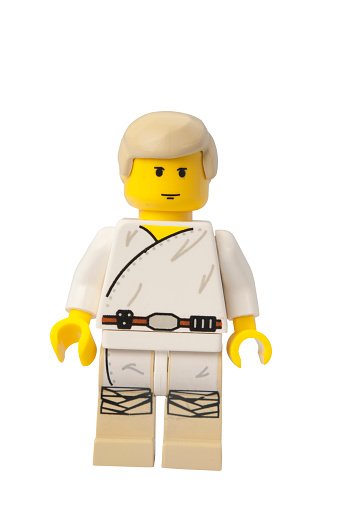 Adelaide, Australia - February 26, 2015:A studio shot of a Luke Skywalker Lego minifigure from the Star Wars Theme. Lego is extremely popular worldwide with children and collectors.