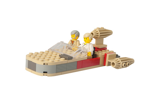 Adelaide, Australia - February 26, 2015: A studio shot of a Landspeeder Lego model from the Star Wars Theme. Lego is extremely popular worldwide with children and collectors.