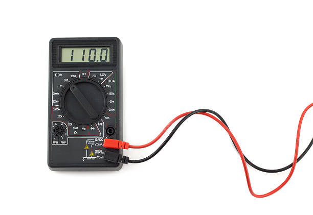 istock Digital multimeter with red and black wires shows 110 volts 469323558