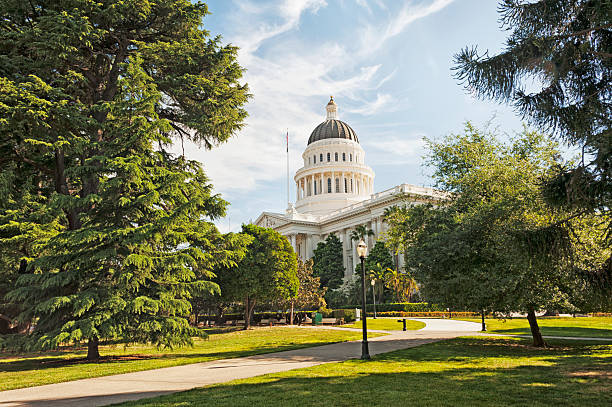 Historic California capitol building Sacramento,CA with lawn and walkway
