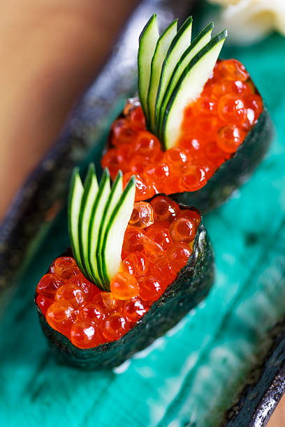 80+ Sushi Raw Salmon Eggs In Seaweed Roll Stock Photos, Pictures