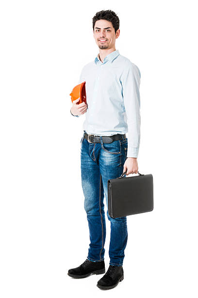 istock Businessman Construction Worker holding Hard Hat, Briefcase and Smiling 469329110