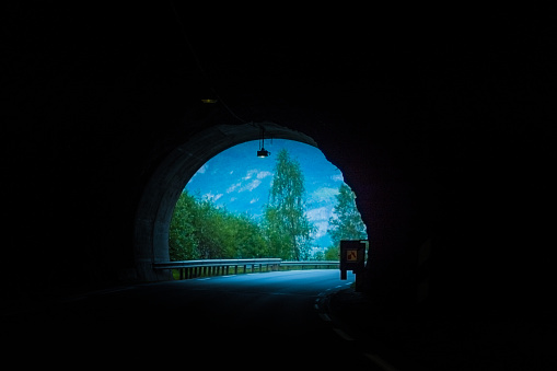 Green archway on rural road in summer