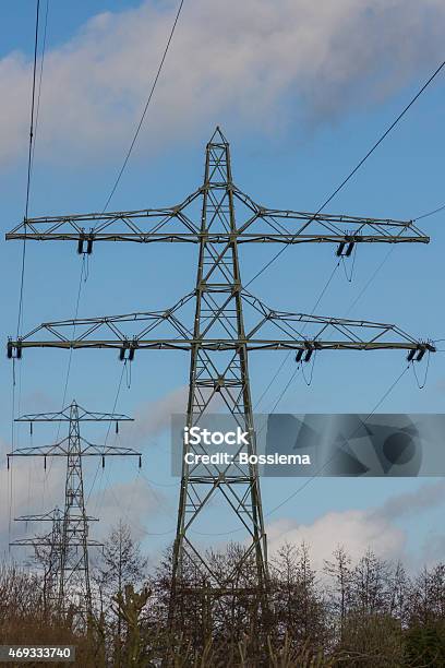 Electric Overland Power Mast Stock Photo - Download Image Now - 2015, Architectural Column, Blue