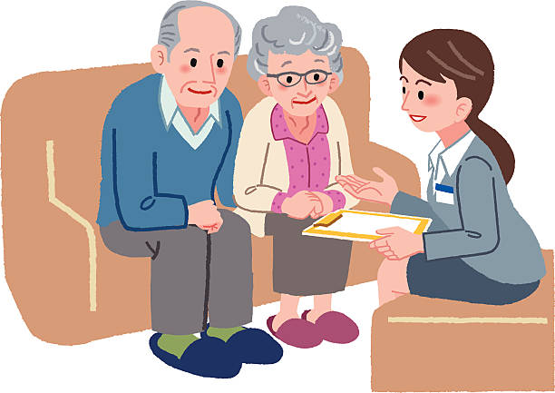 Elderly couple consulting with Geriatric care manager vector art illustration