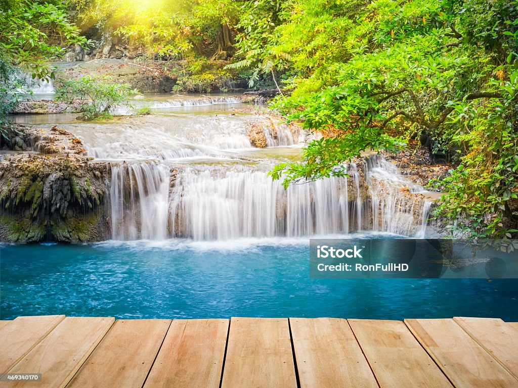 waterfall Landscape of Erawan waterfall in Thailand with wood bridge. 2015 Stock Photo