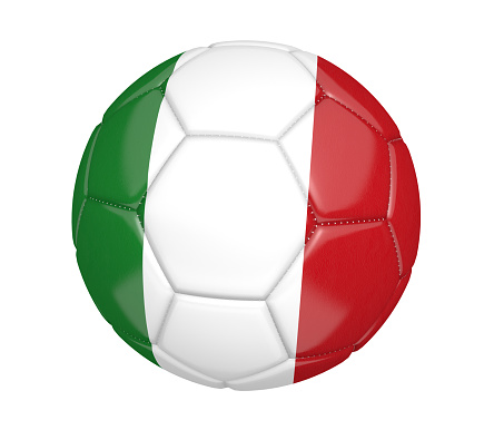 Realistic sports item render of a soccer ball, also known as a football, painted with the Italian national flag and isolated over a white background.