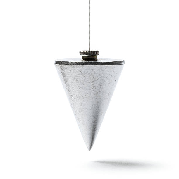 Plumb Bob - Plummet - Stock Photo Metal plummet in the form of a cone hanged on a cord near to the ground. This tool due to gravity of the metal part and the earth gravitation field measures the verticals.  It is mainly used in the construction. The object is in the center and isolated on white.  plumb line stock pictures, royalty-free photos & images