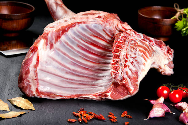 e carne cruda fresca. costume intero a coste e costolette. - lamb isolated meat animal bone foto e immagini stock