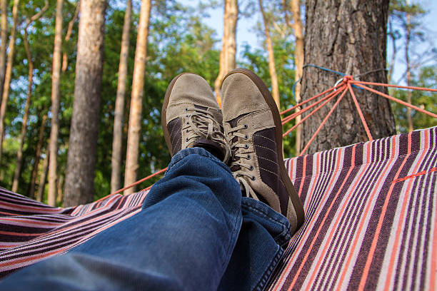 istock Man's legs in hammock on a forest background. POV 469355764