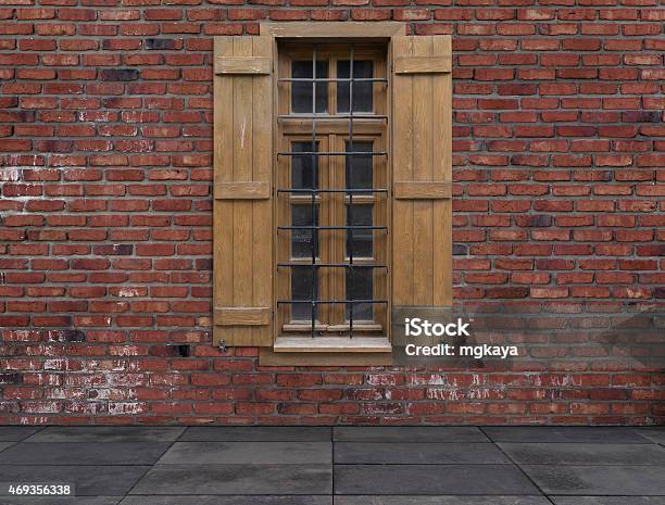 Old Window With Shutters Against A Brick Wall Stock Photo - Download Image Now - 2015, Architecture, Backgrounds