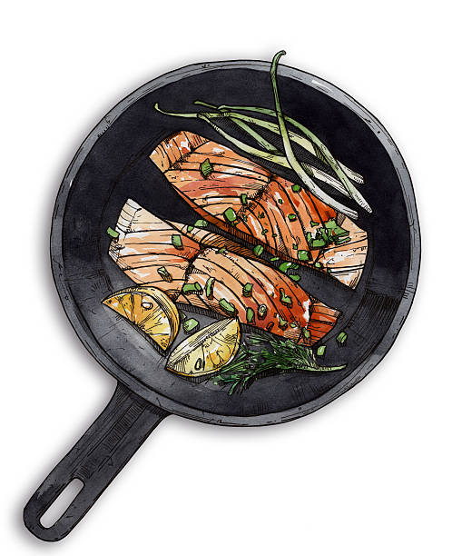 ilustrações de stock, clip art, desenhos animados e ícones de peixe desafio com limão. esboço em aquarela - cooked barbecue eating serving