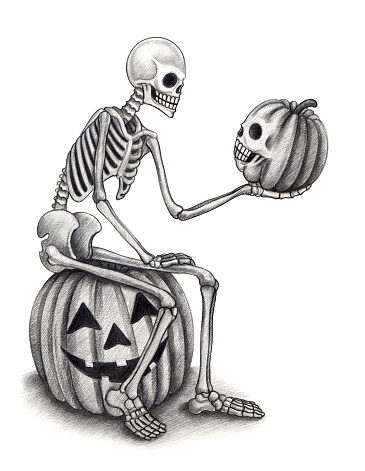 Art skull anatomy figure bone action sit on the pumpkin Halloween day hand pencil drawing on paper.