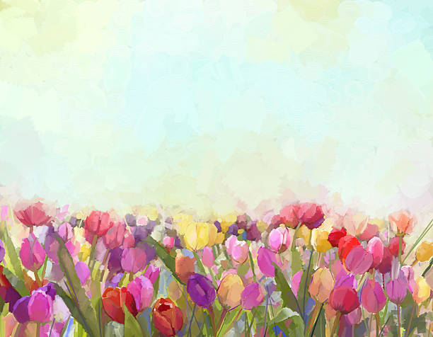 масляная живопись тюльпаны цветы в meadows - spring flower backgrounds field stock illustrations