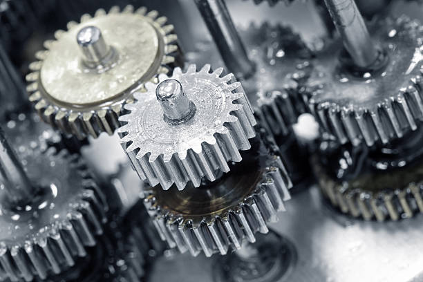 Close up photo of gears and wheels stock photo