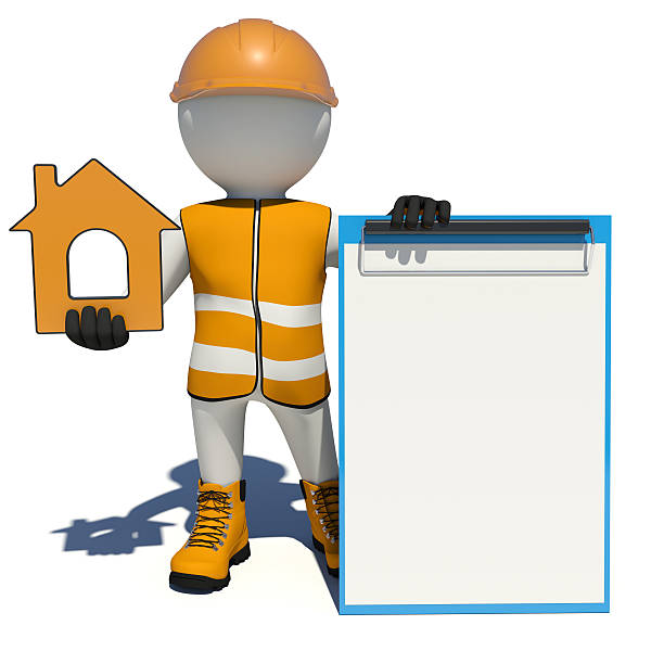 istock Worker in overalls holding house icon and empty clipboard. Isolated 469376210