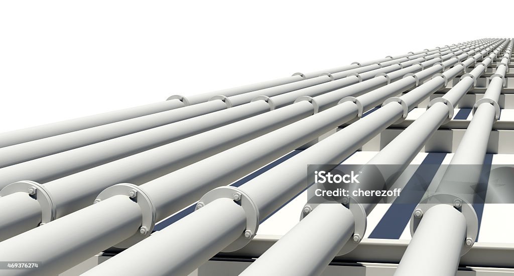 Many white industrial pipes with flanges and supports. Isolated Many white industrial pipes with flanges and supports. Isolated on white background 2015 Stock Photo
