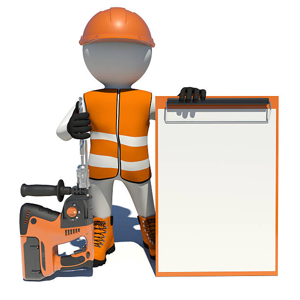 istock Worker in overalls holding electric perforator and empty clipboard. Isolated 469376446