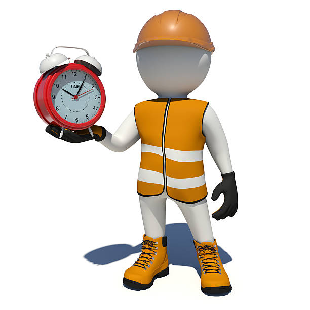istock Worker in overalls holding red alarm clock. Isolated 469376978