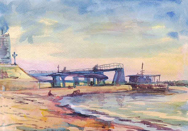 городской пейзаж с реки wharf, рисование watercolor - water rippled wave river stock illustrations