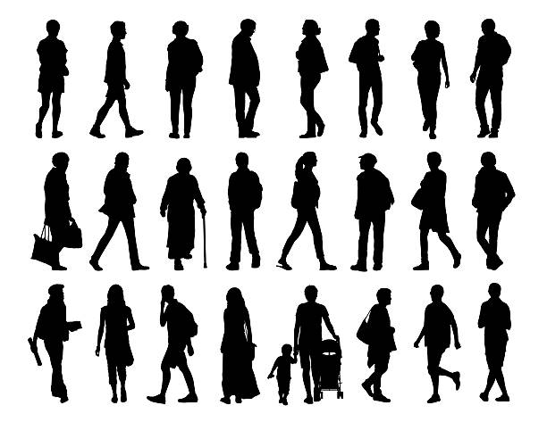 Grande gruppo di persone a piedi silhouette set di 2 - illustrazione arte vettoriale