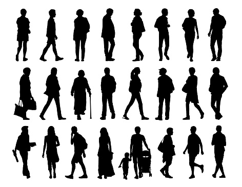 big set of black silhouettes of men and women of different ages walking in the street, front, profile and back views