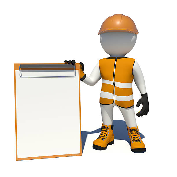 istock Worker in overalls holding empty clipboard. Isolated 469382402
