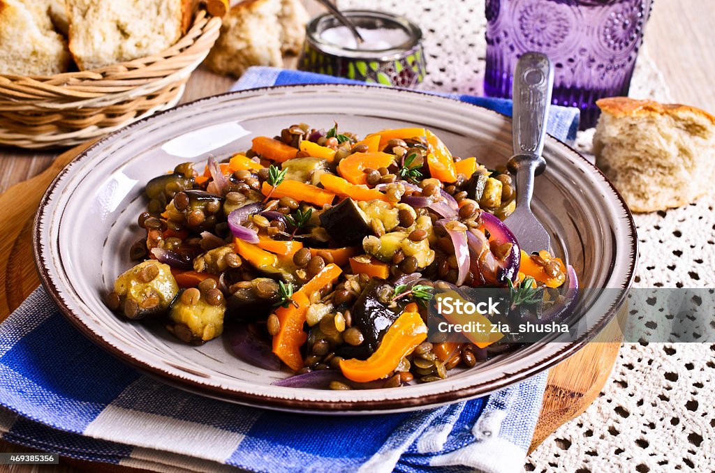 Lentils cooked with vegetables Lentils cooked with capsicum, eggplant and onions Appetizer Stock Photo