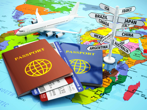 Travel or tourism concept. Passport, airplane, airtickets and destination sign on the map. 3d