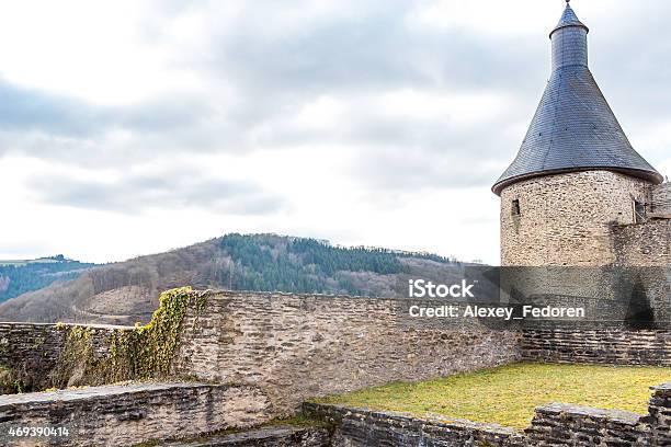 Bourscheid Castle In Sunny Spring Day Luxembourg Stock Photo - Download Image Now - Ardennes Department - France, Castle, Hill