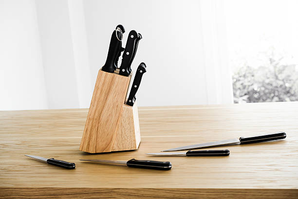 istock Set of kitchen knife on wooden table 469390484