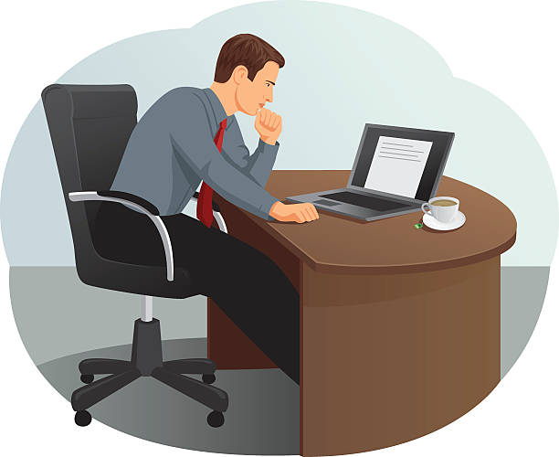 ilustrações de stock, clip art, desenhos animados e ícones de empresário, olhando para o computador portátil - frustration computer confusion businessman