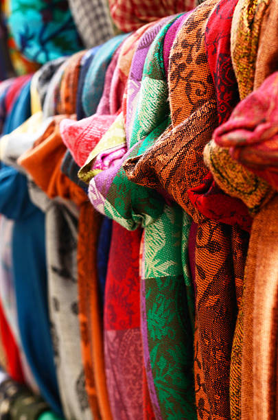 Various colorful scarves on offer in the old town of Rhodes, Greece
